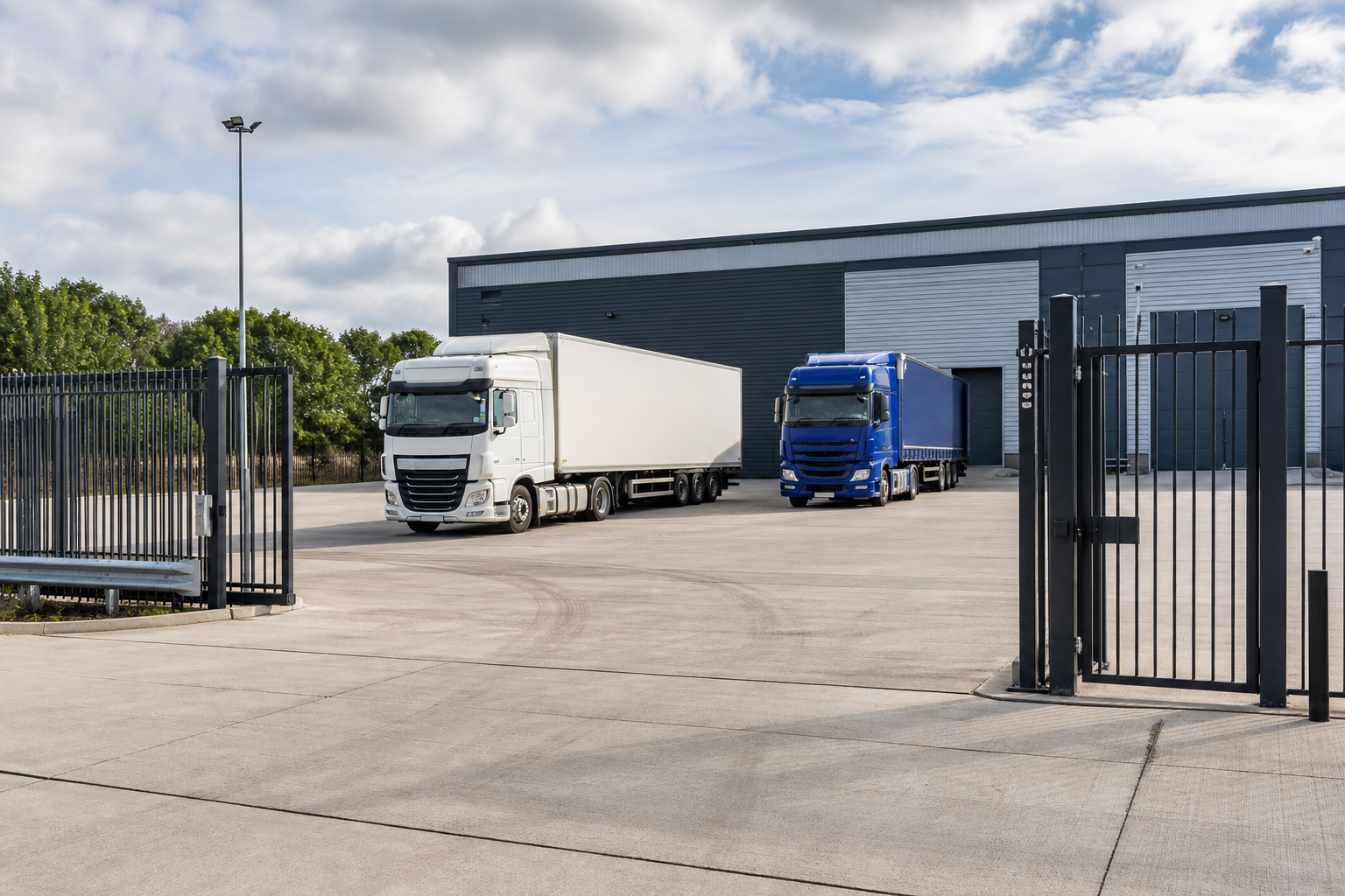 Realistic UK commercial outdoor yard with secure fencing, parked HGV vehicles, and open hardstanding storage space near industrial units