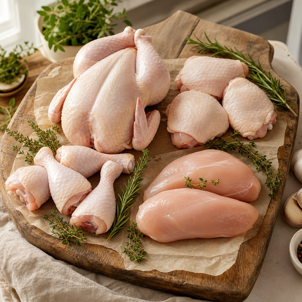 Assortment of fresh poultry cuts arranged on a rustic board