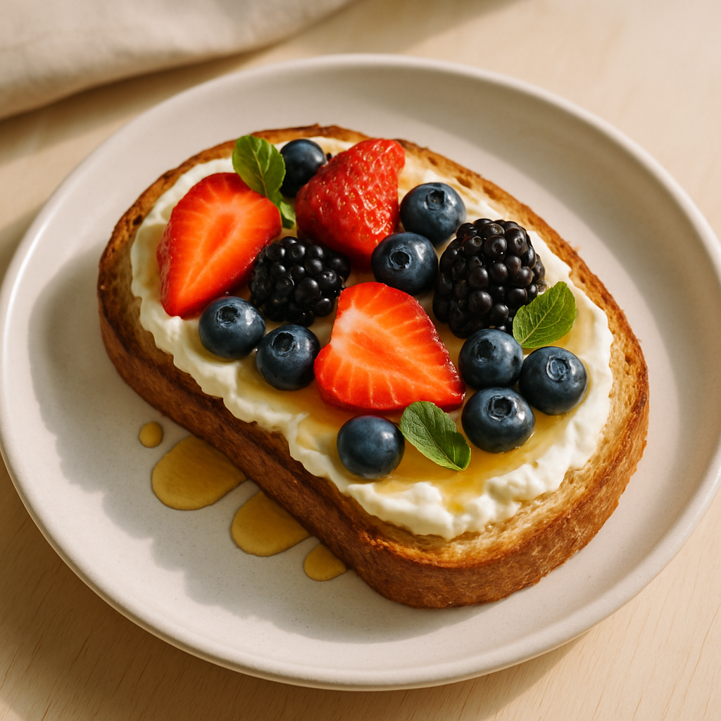 Artfully plated sourdough toast with creamy ricotta, fresh berries, and honey drizzle