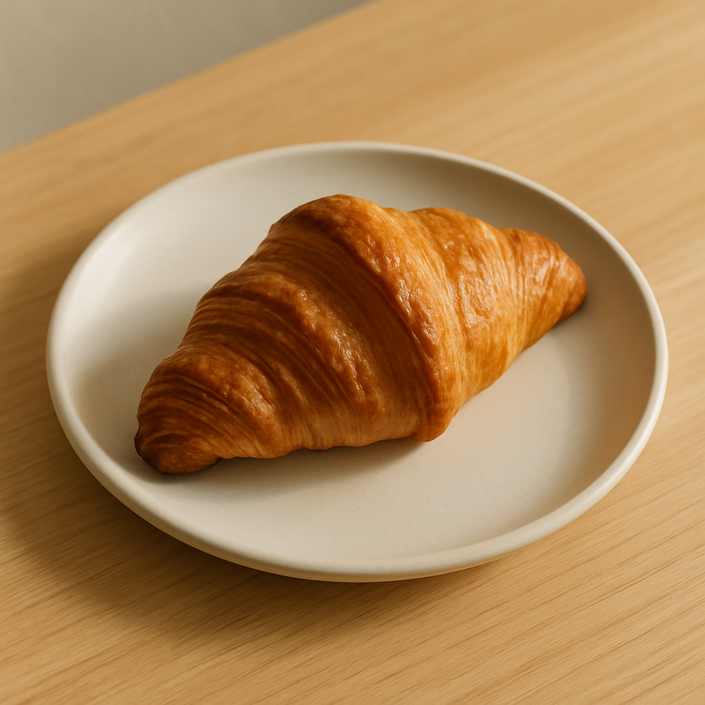 Golden-brown flaky croissant with delicate layers on white ceramic plate with soft morning sunlight shadows