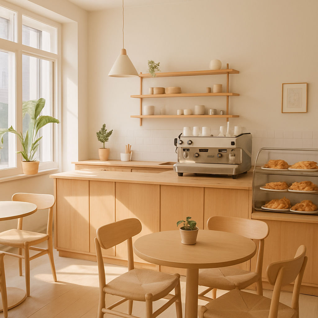 Cozy interior of North Dock Coffee with warm lighting and wooden details