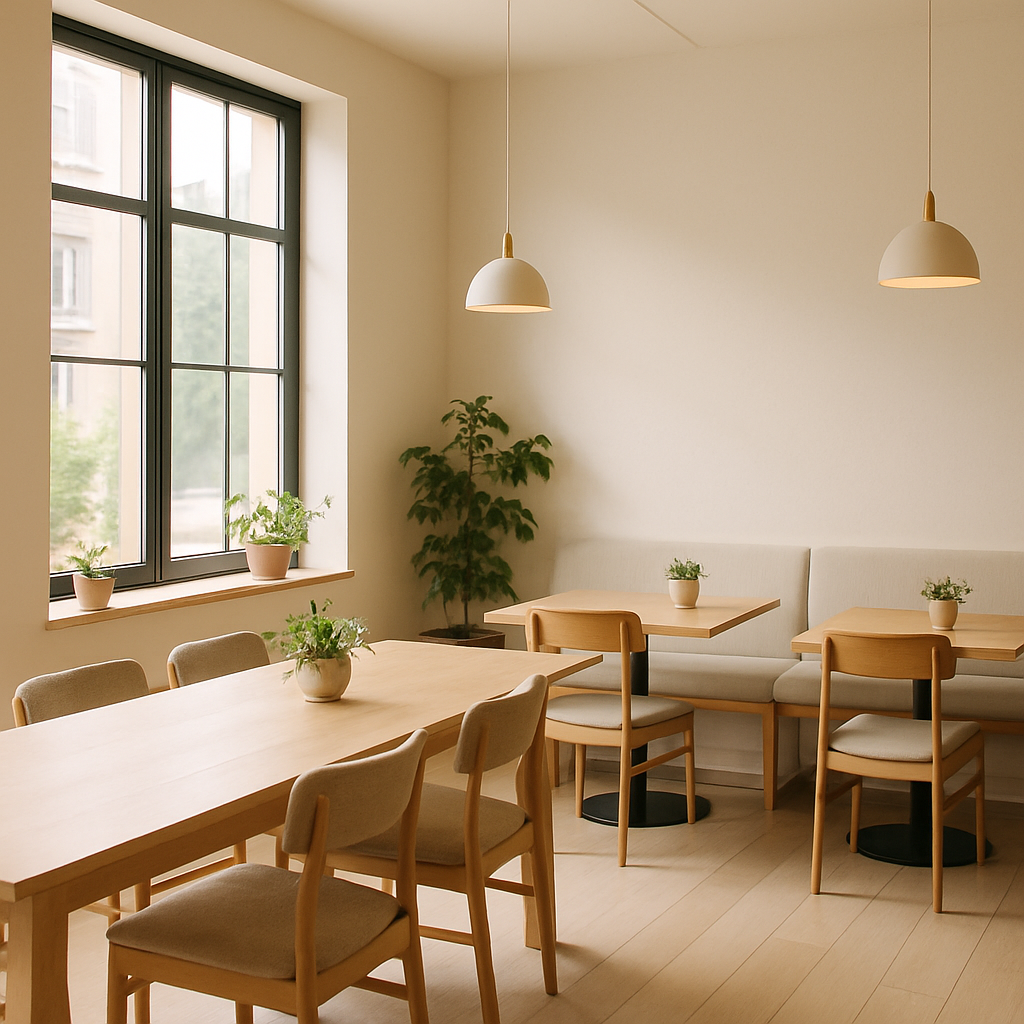 Warm, light-filled interior of North Dock Coffee with wooden tables, soft seating, and natural morning light creating a calm atmosphere