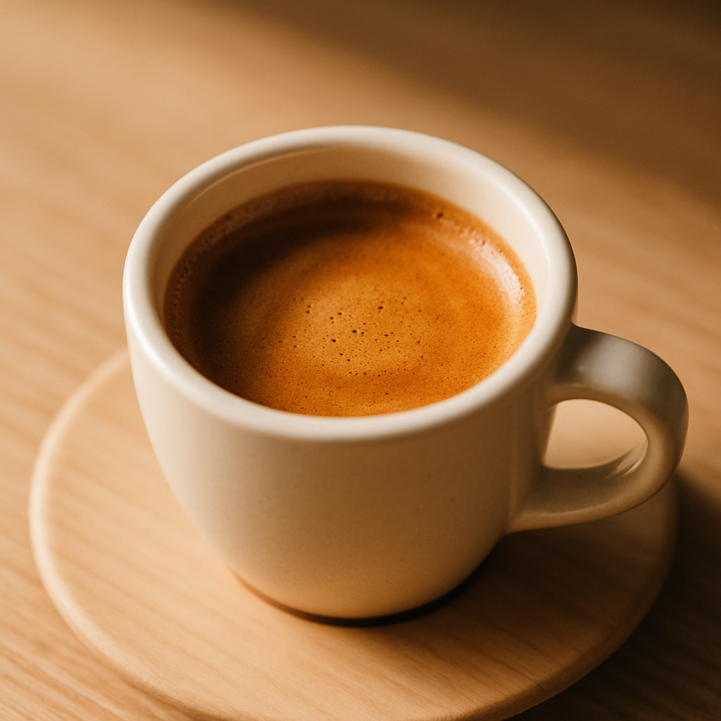 Smooth dark espresso with rich golden crema in white ceramic cup on light wooden surface