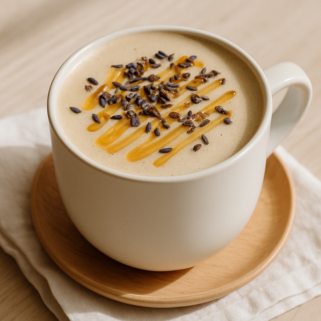 Creamy honey lavender latte with delicate lavender garnish