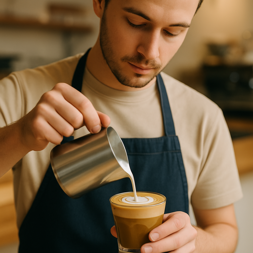 Skilled barista with focused expression carefully pouring steamed milk into espresso creating microfoam latte art
