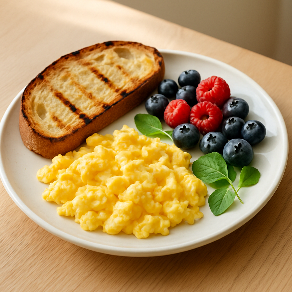 Artfully arranged breakfast plate with fluffy scrambled eggs, toasted sourdough, fresh berries, and seasonal greens on white ceramic