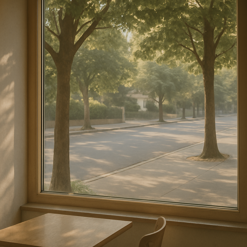 Serene view through cafe window overlooking quiet neighborhood street with leafy trees and soft warm morning light