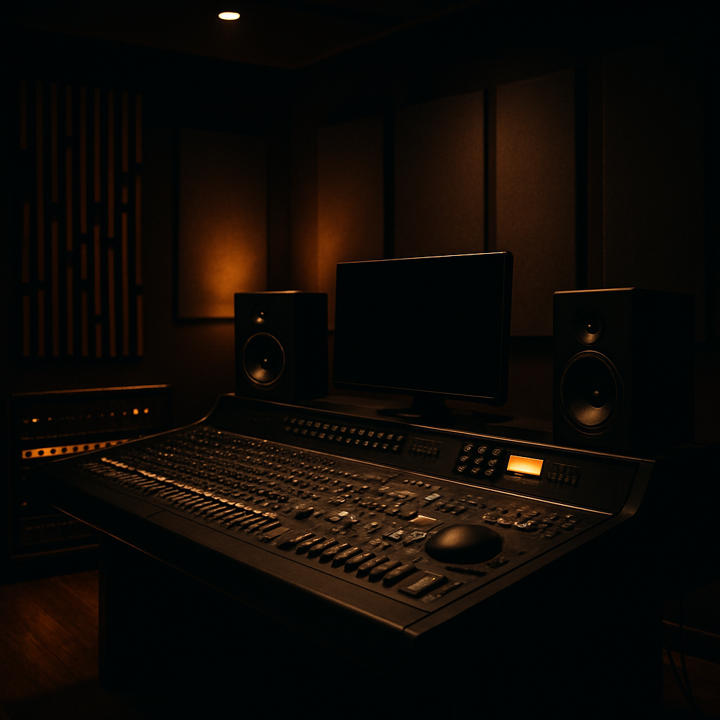 Moody modern recording studio with warm amber accent lights, a large mixing console, and acoustic panels