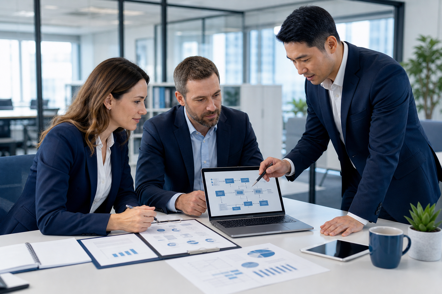 Professional business team reviewing digital workflow charts on a modern office desk with laptops and documents