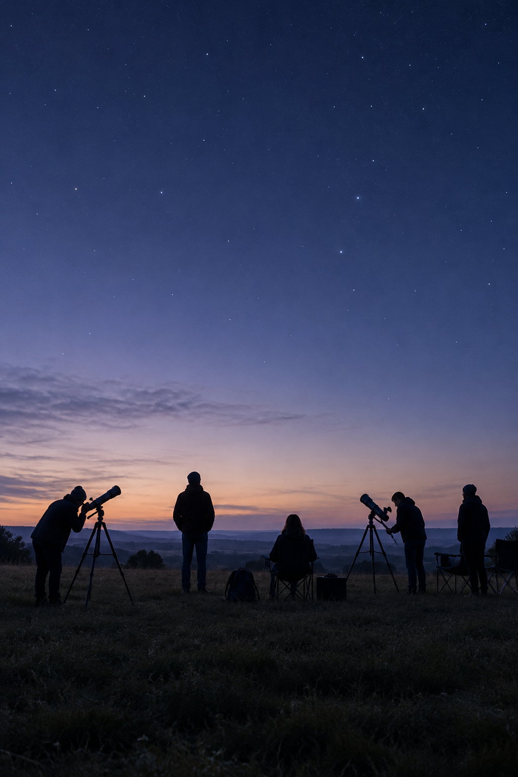 Silhouettes of amateur stargazers setting up telescopes in an open field at dusk under a calm blue-violet sky