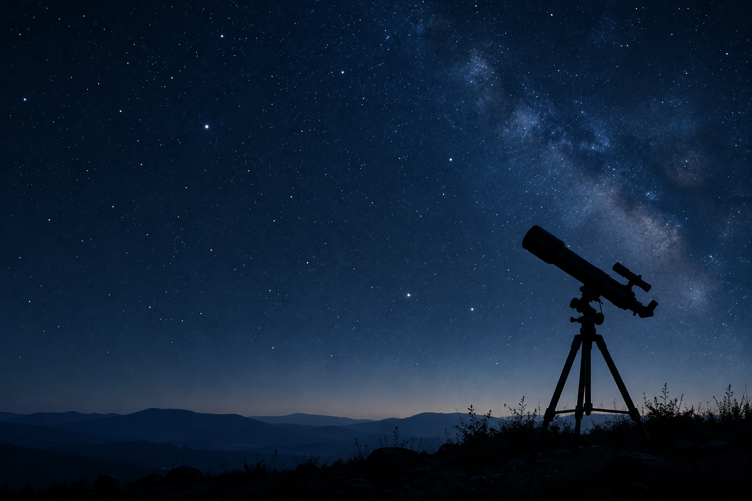 Calm night sky with a telescope silhouette beneath scattered stars