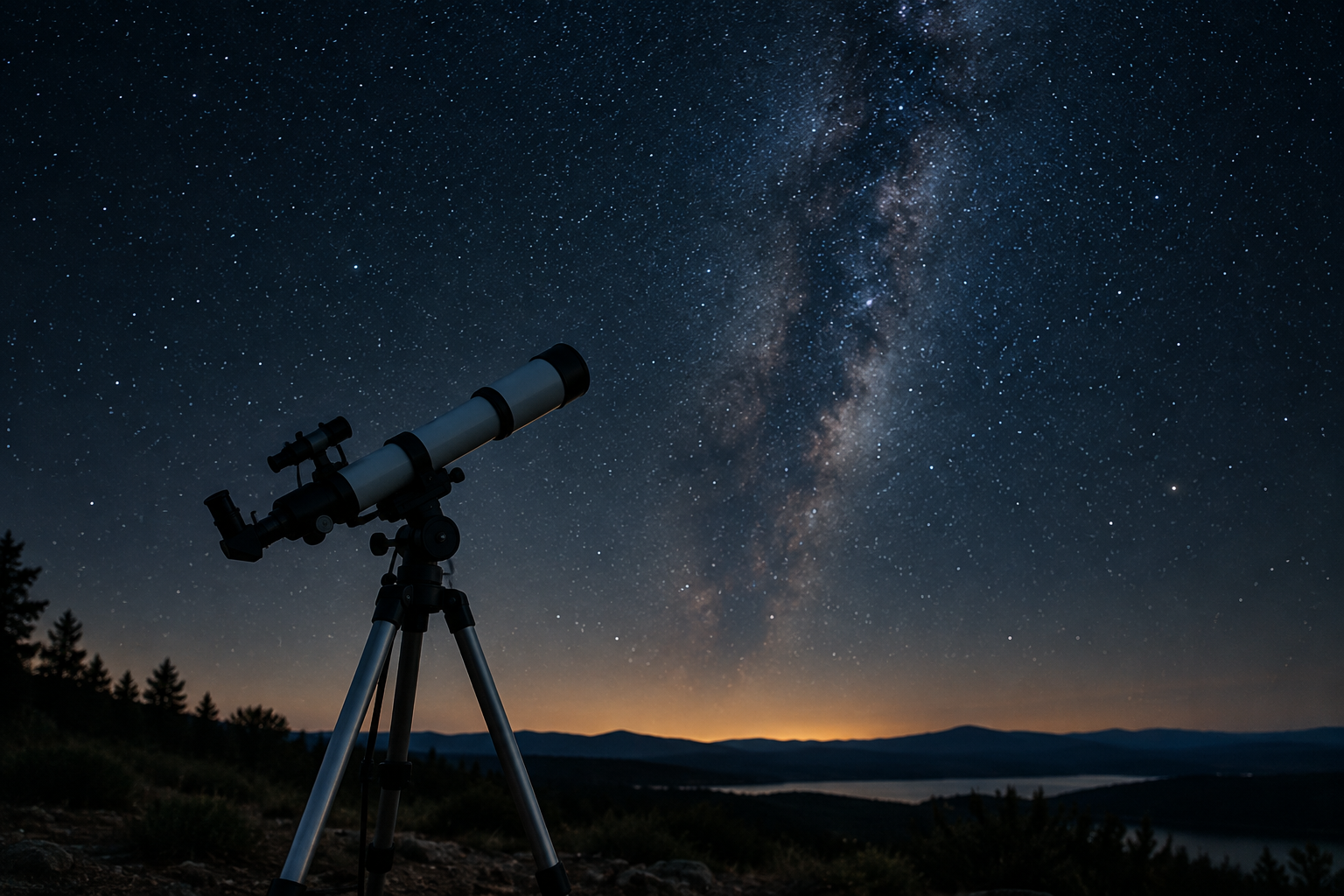Quiet night-sky observation setup with a telescope pointed toward a star-filled sky