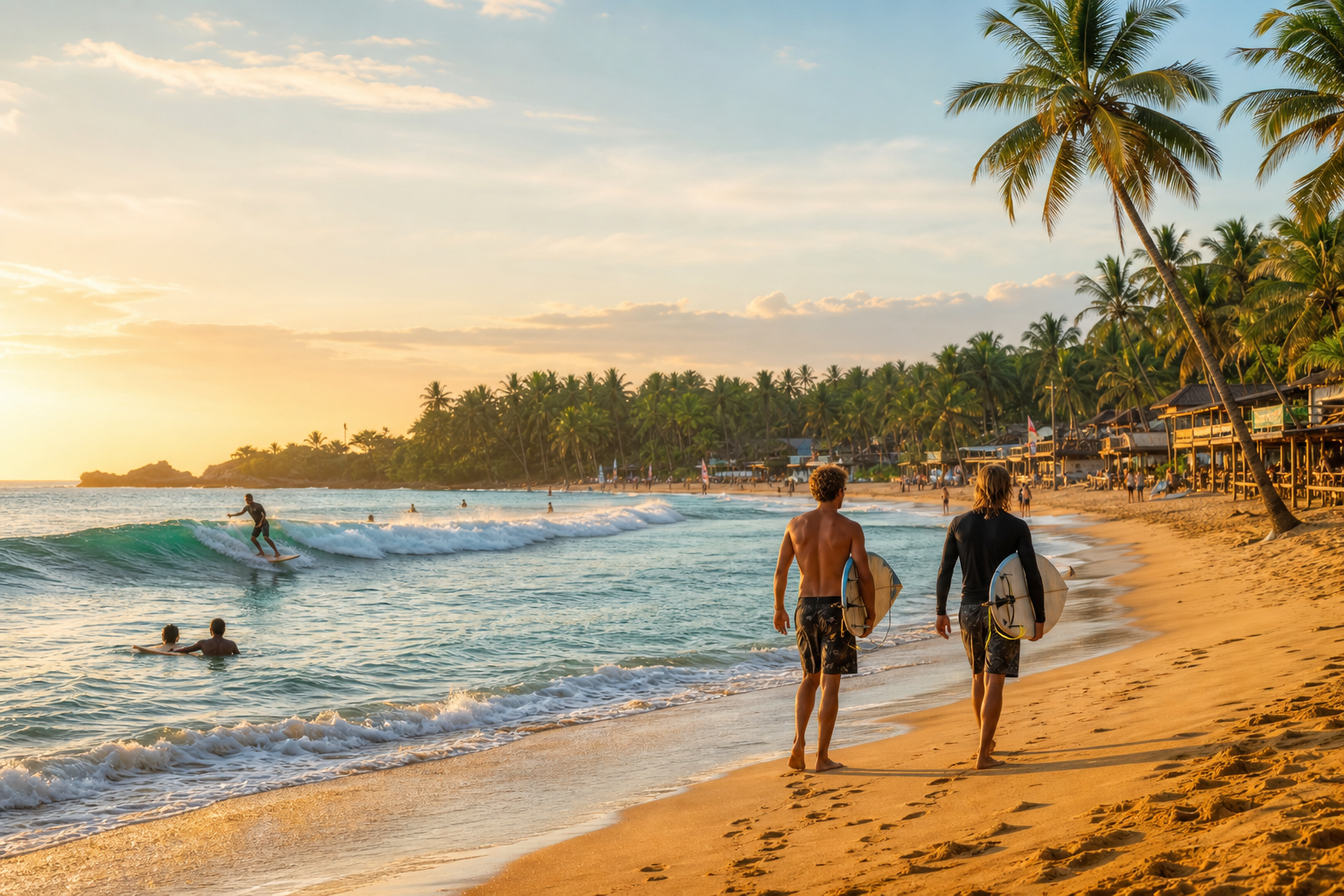 Surfers and golden beach at Arugam Bay Sri Lanka