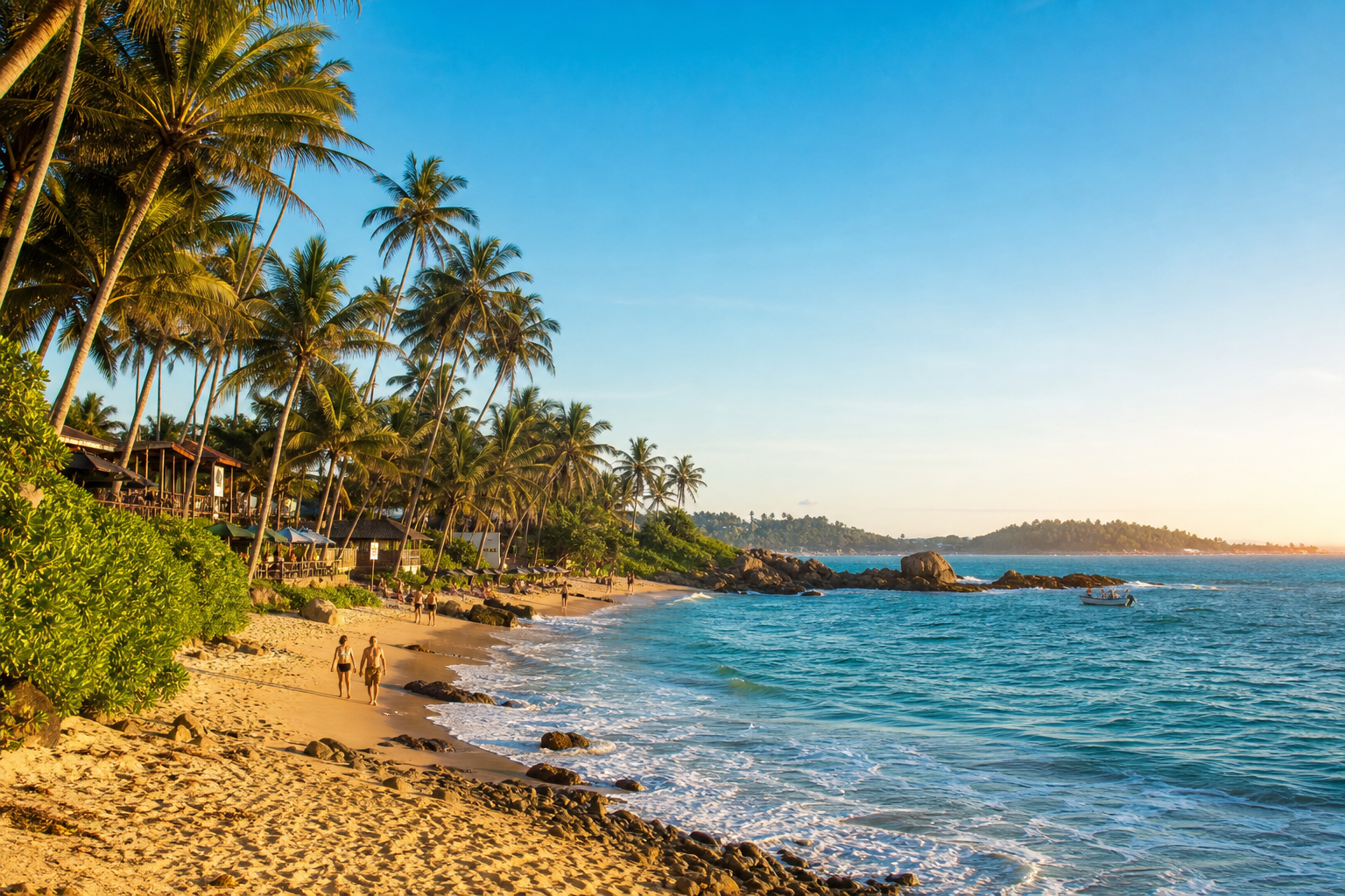 Palm-lined beach and ocean in Mirissa Sri Lanka