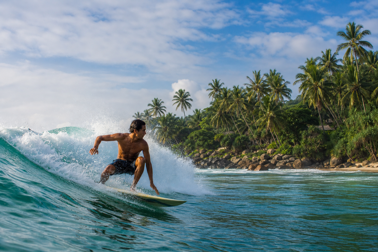 Surfing waves and coastline in Sri Lanka
