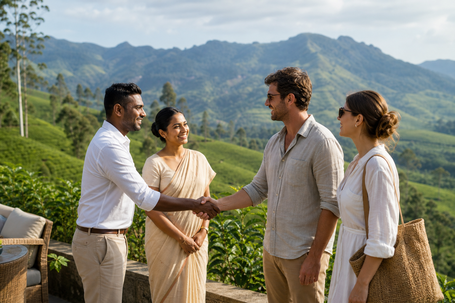 Welcoming Sri Lankan travel hosts greeting international guests at a scenic hill country viewpoint