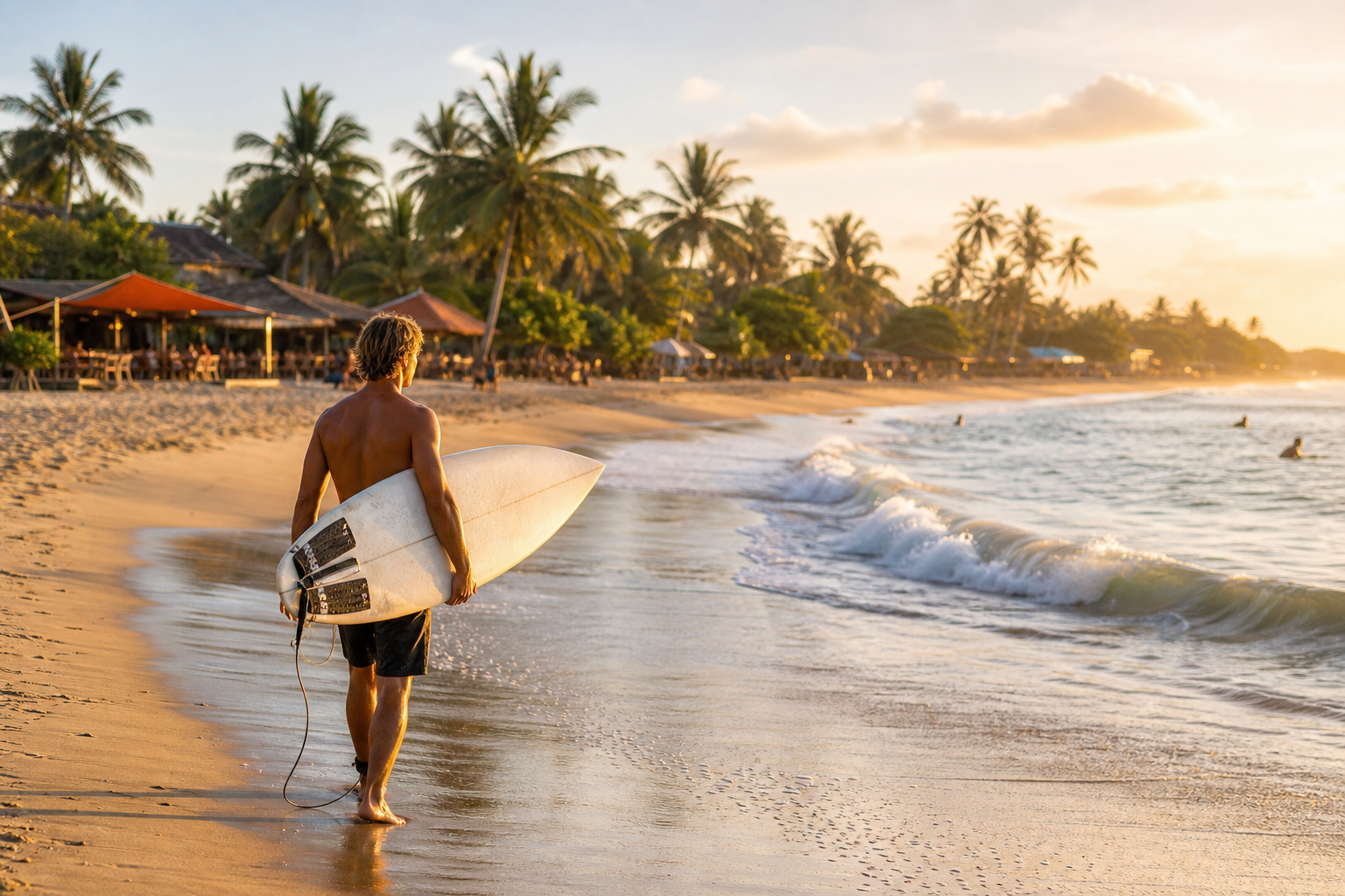 Golden-hour view of Arugam Bay beach with a surfer carrying a white shortboard along the shoreline, gentle waves and palm-lined coast in Sri Lanka