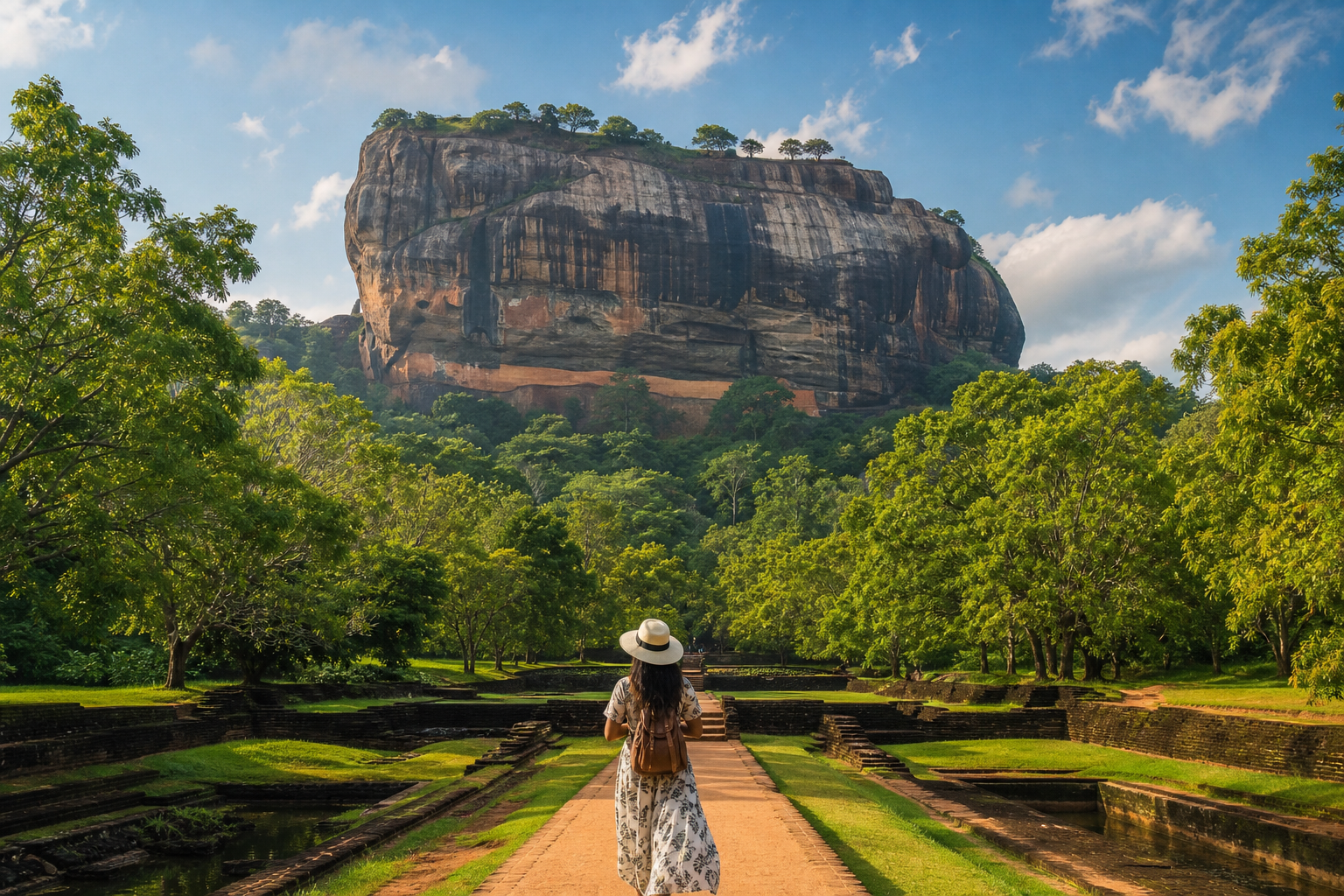 Sigiriya Rock Fortress rising above lush green landscape