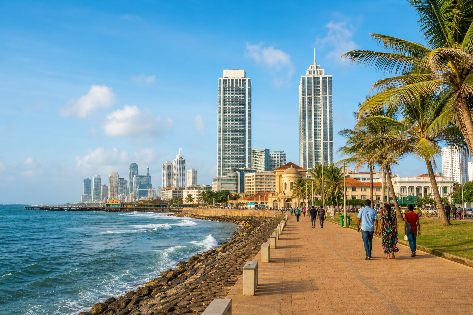 Colombo city skyline and oceanfront promenade in Sri Lanka