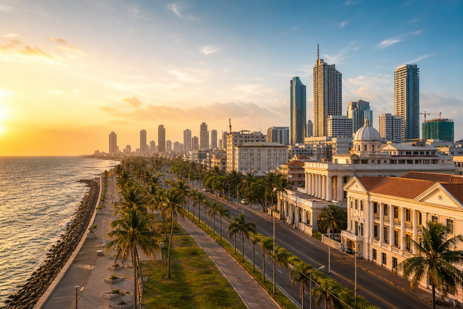 Colombo oceanfront skyline with palm-lined promenade, colonial-era architecture, and warm evening light