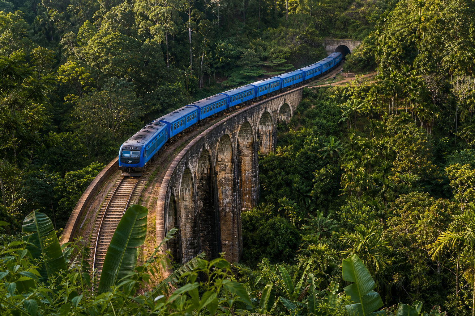 Blue train crossing the iconic Nine Arches Bridge near Ella