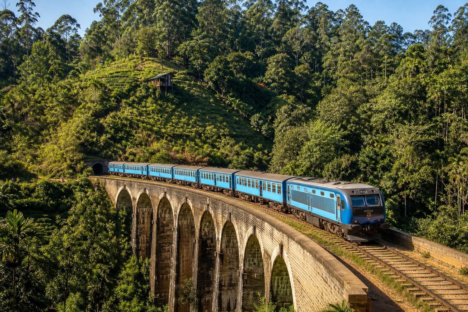 Blue train crossing Nine Arch Bridge near Ella in Sri Lanka