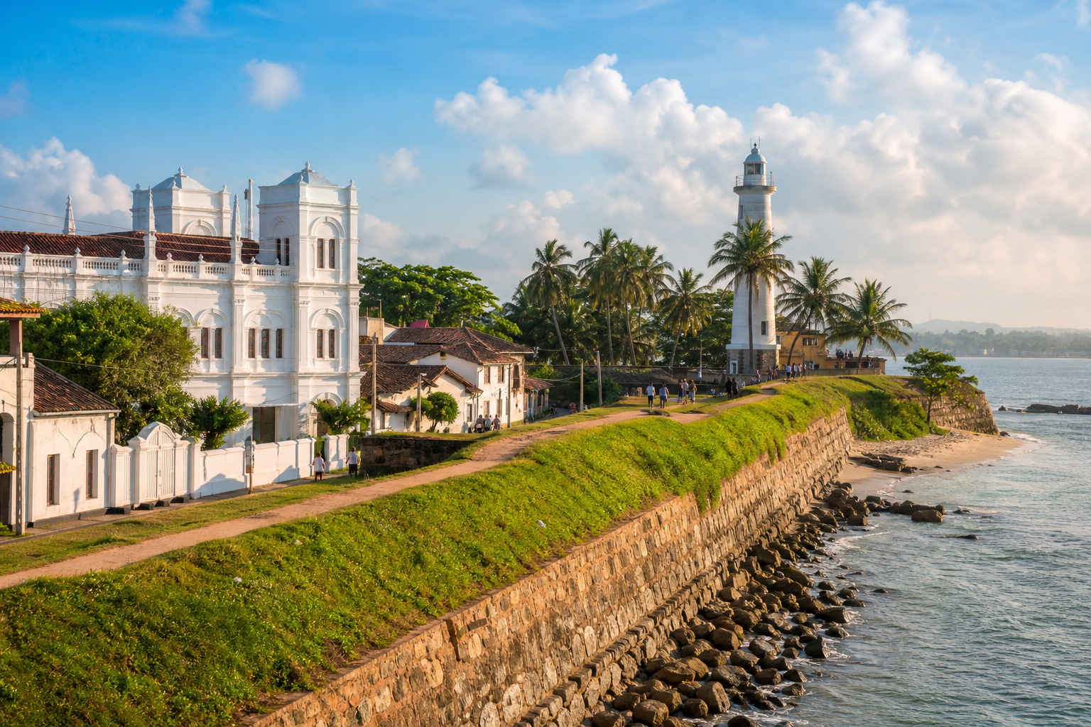 Historic Galle Fort walls and coastal street scene in Sri Lanka