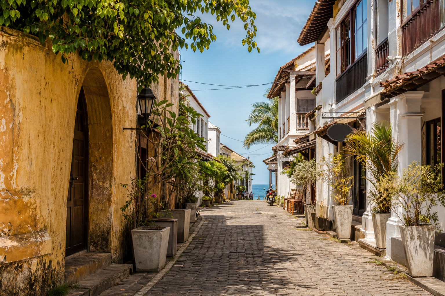 Historic colonial street scene inside Galle Fort near the ocean