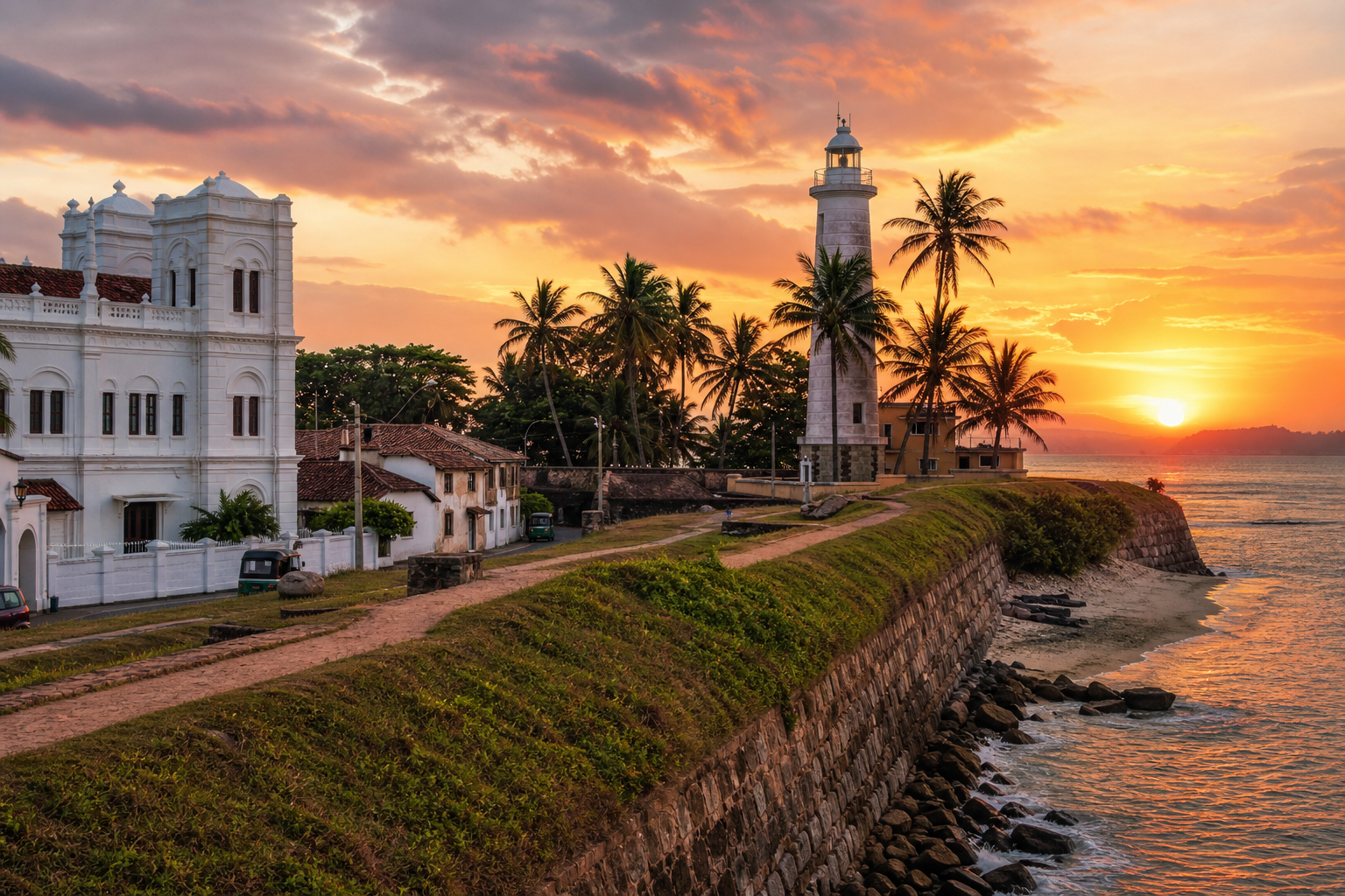 Historic stone ramparts of Galle Fort at sunset with palm trees and ocean horizon