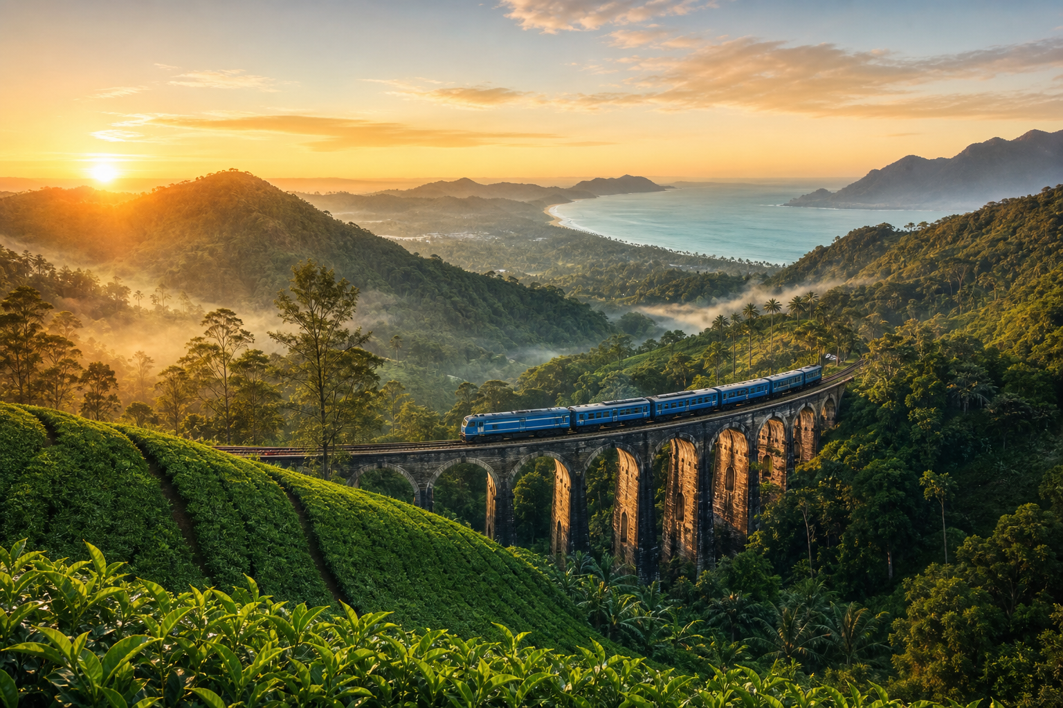 Wide scenic panorama of Sri Lanka with misty central highlands, a winding train bridge, lush tea estates, and a distant golden coastline at sunrise