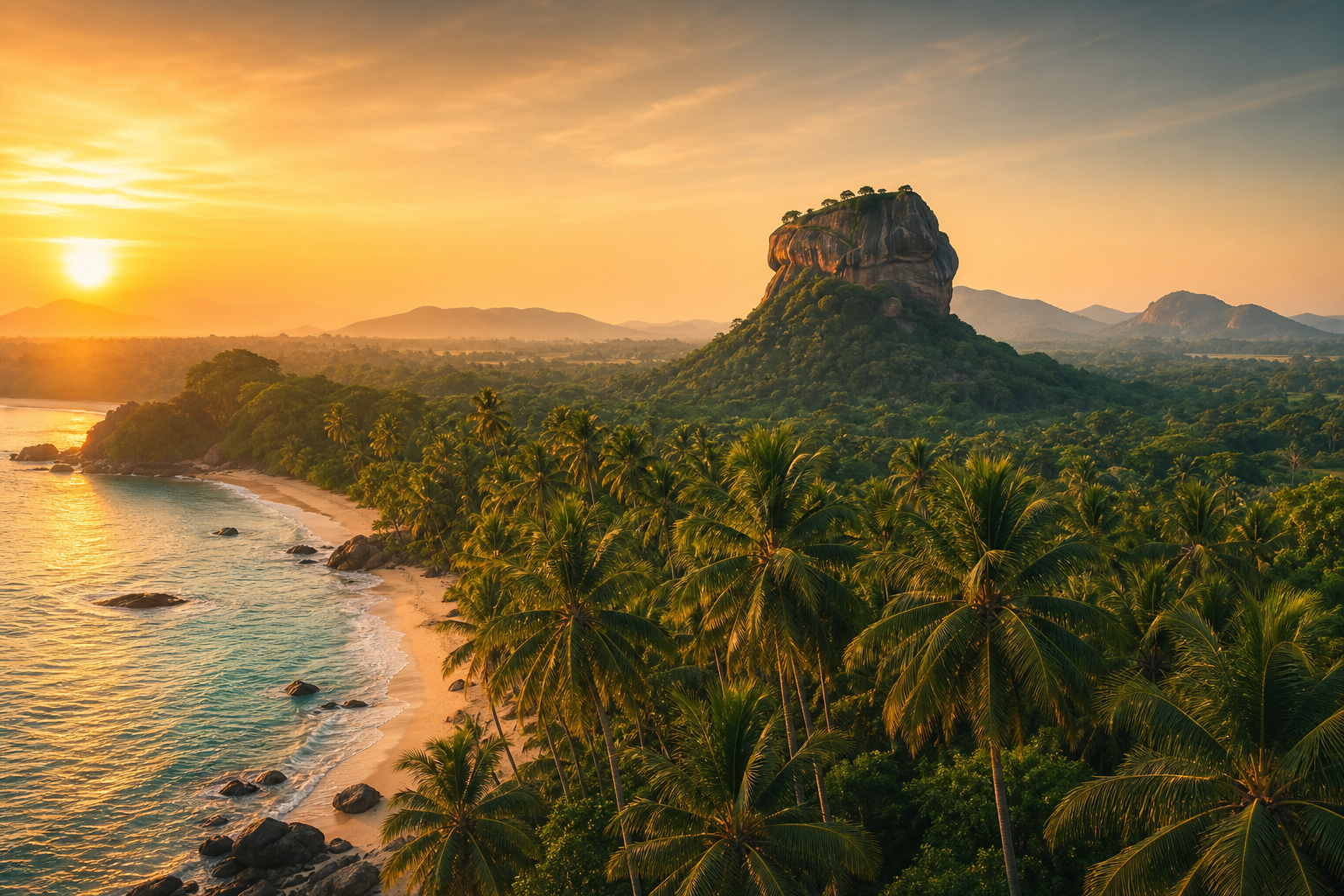 A premium Sri Lanka travel scene combining a palm-lined turquoise coastline, lush inland hills, and a distant iconic rock fortress at golden hour