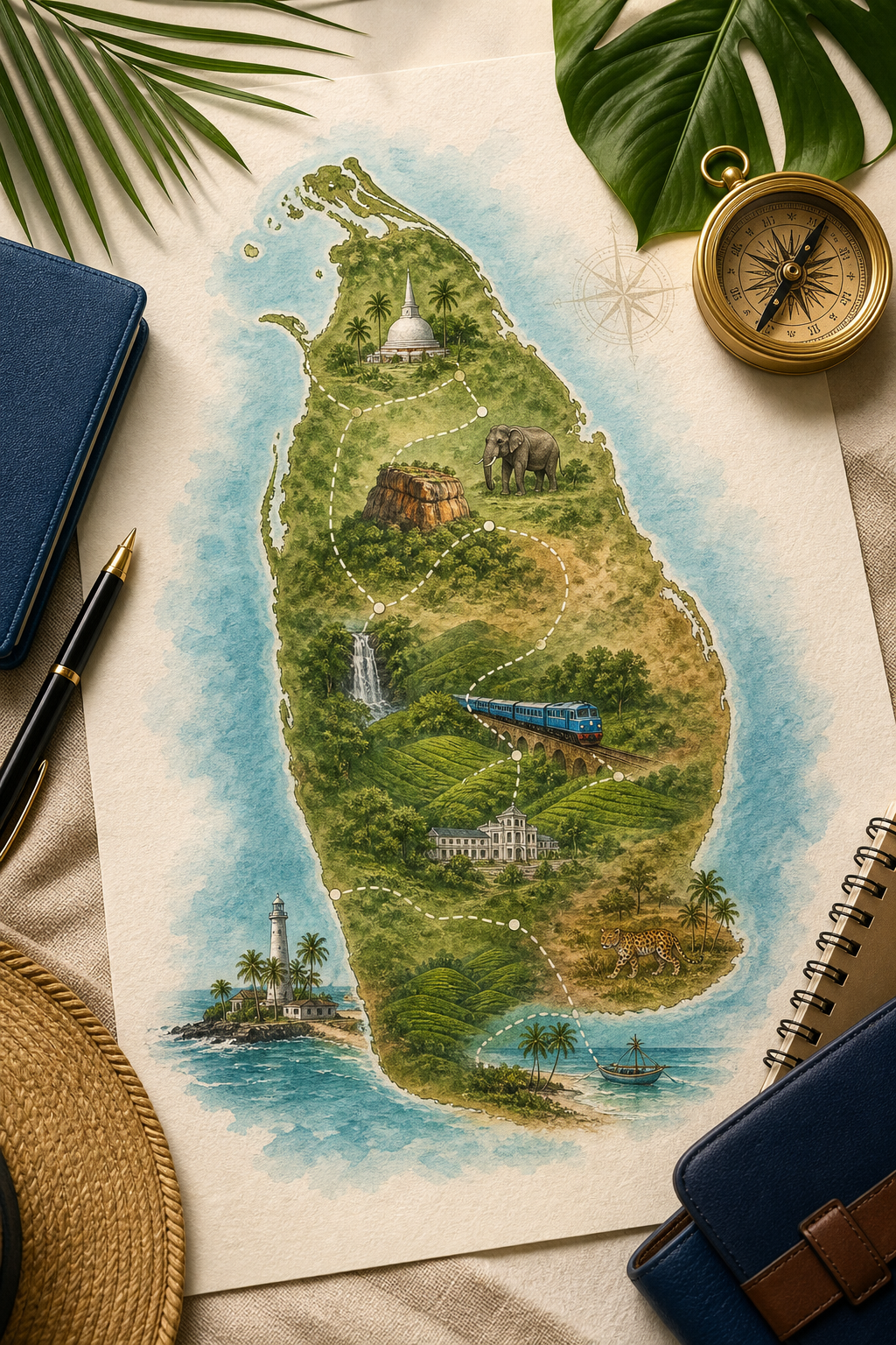Elegant Sri Lanka travel planning scene with island map motif, route lines, and tropical coastal and hill-country landmarks