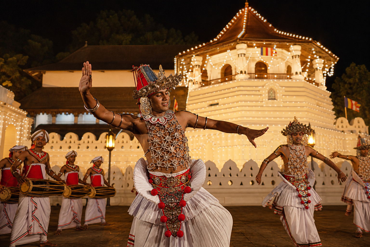 Traditional Kandyan cultural dancers performing near the Temple of the Tooth in Kandy at dusk