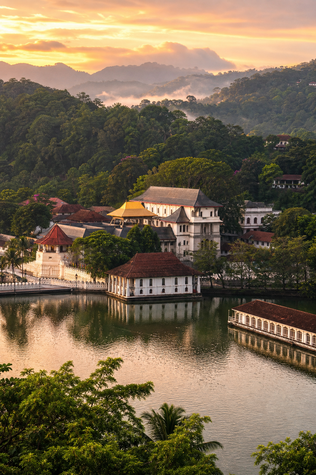 Panoramic view of Kandy with the lake, temple complex, and misty green hills at golden hour