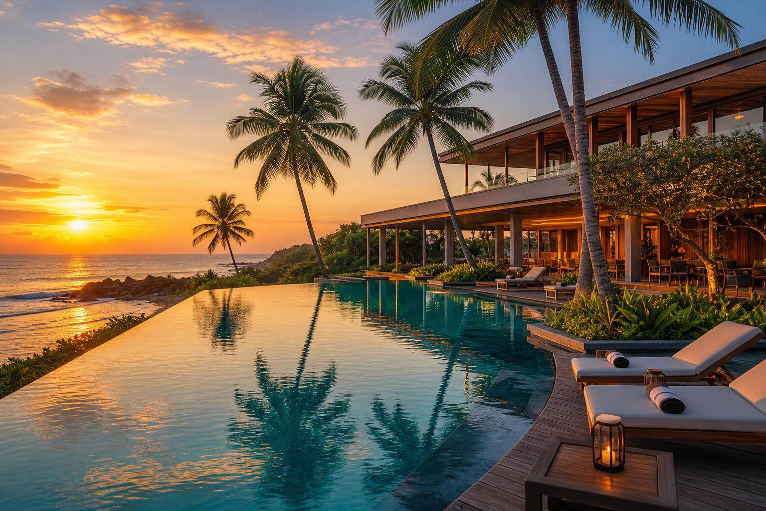 Luxury Sri Lankan beachfront hotel with an infinity pool, swaying palms, and elegant evening lighting