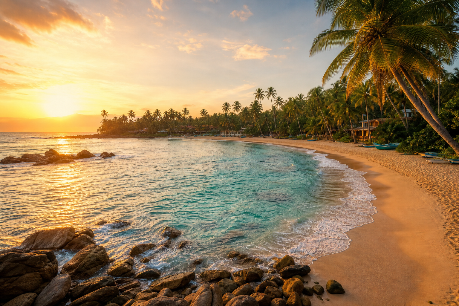 Golden sunset over Mirissa Bay with palm-lined shore and calm turquoise waves