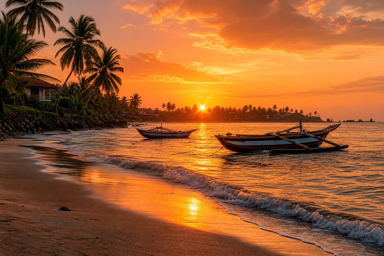 Warm sunset over Mirissa beach with gentle waves and fishing boats