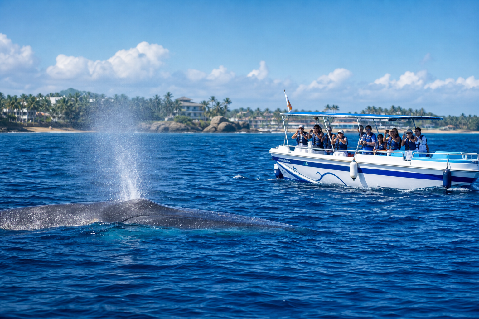 Small whale-watching boat off Mirissa coast with a blue whale surfacing in deep ocean water