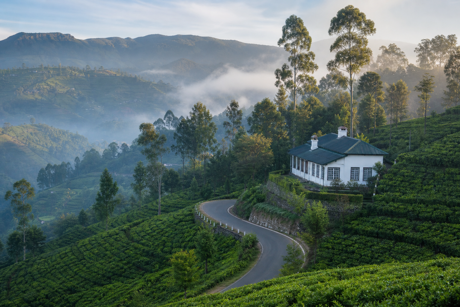 Misty tea plantations and colonial hillside cottages in Nuwara Eliya at golden morning light