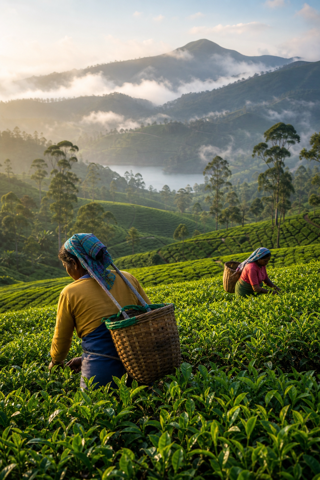 Tea pickers in colorful dress working across rolling tea plantations in misty Nuwara Eliya