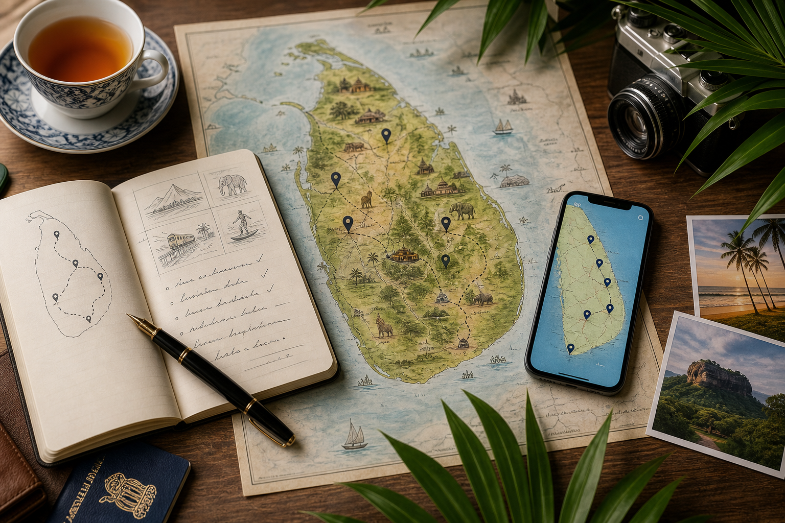 Elegant Sri Lanka travel-planning scene with a map, handwritten itinerary notes, tropical leaves, and a cup of tea on a wooden table