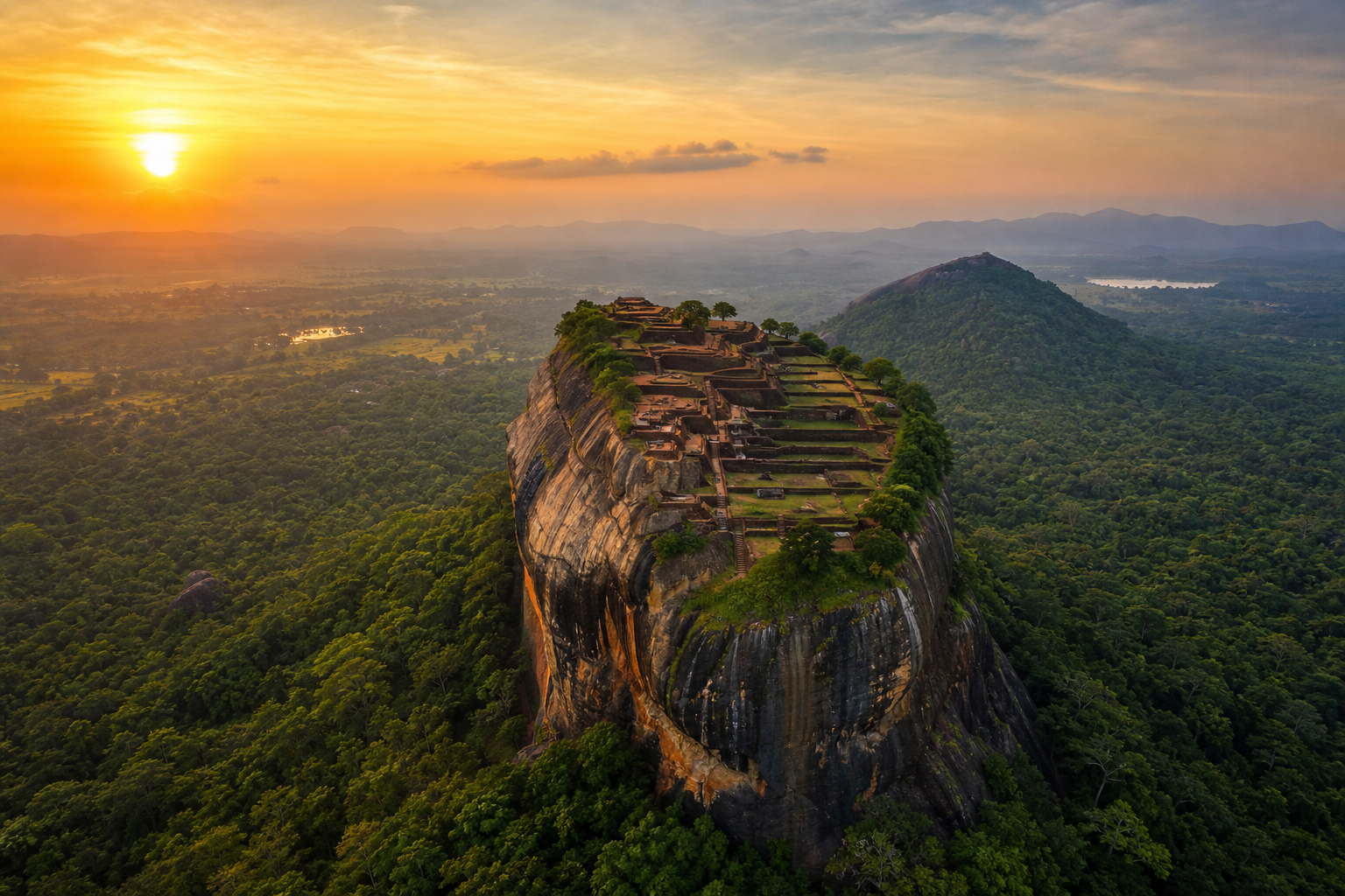 Golden sunrise over Sigiriya Rock Fortress rising above dense green forest in central Sri Lanka