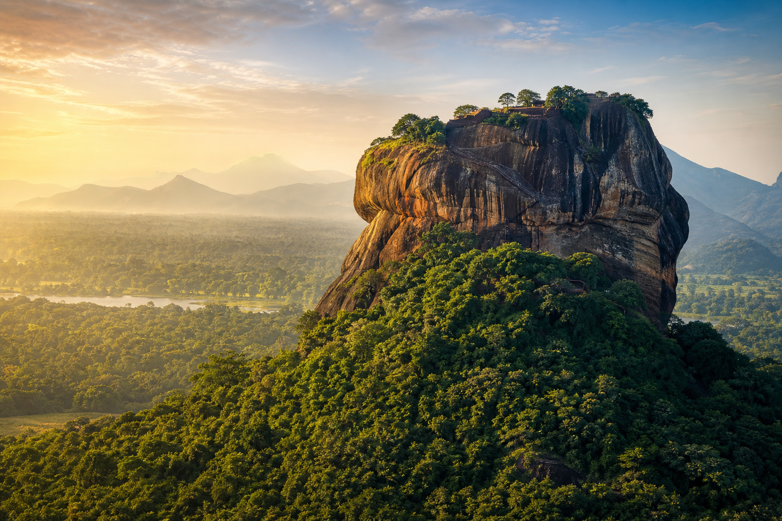 Ancient Sigiriya rock fortress rising above green jungle at sunrise