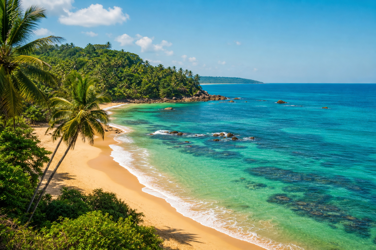 Palm-fringed tropical beach cove with turquoise water on Sri Lanka's south coast