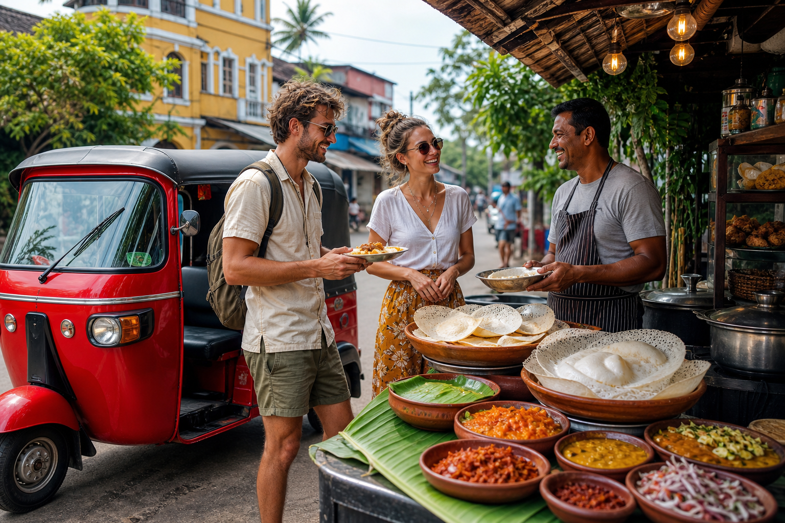 Sri Lankan street food scene with hoppers and curry, a red tuk-tuk parked nearby, and smiling local people