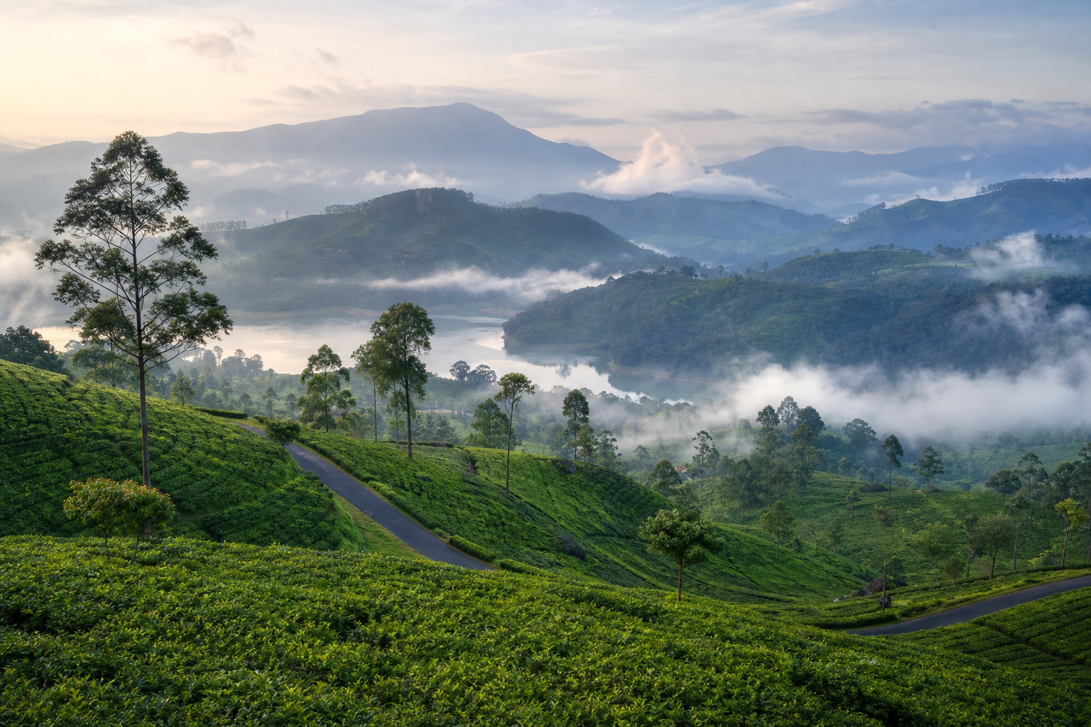 Rolling tea plantations and mountain mist in Sri Lanka's central highlands