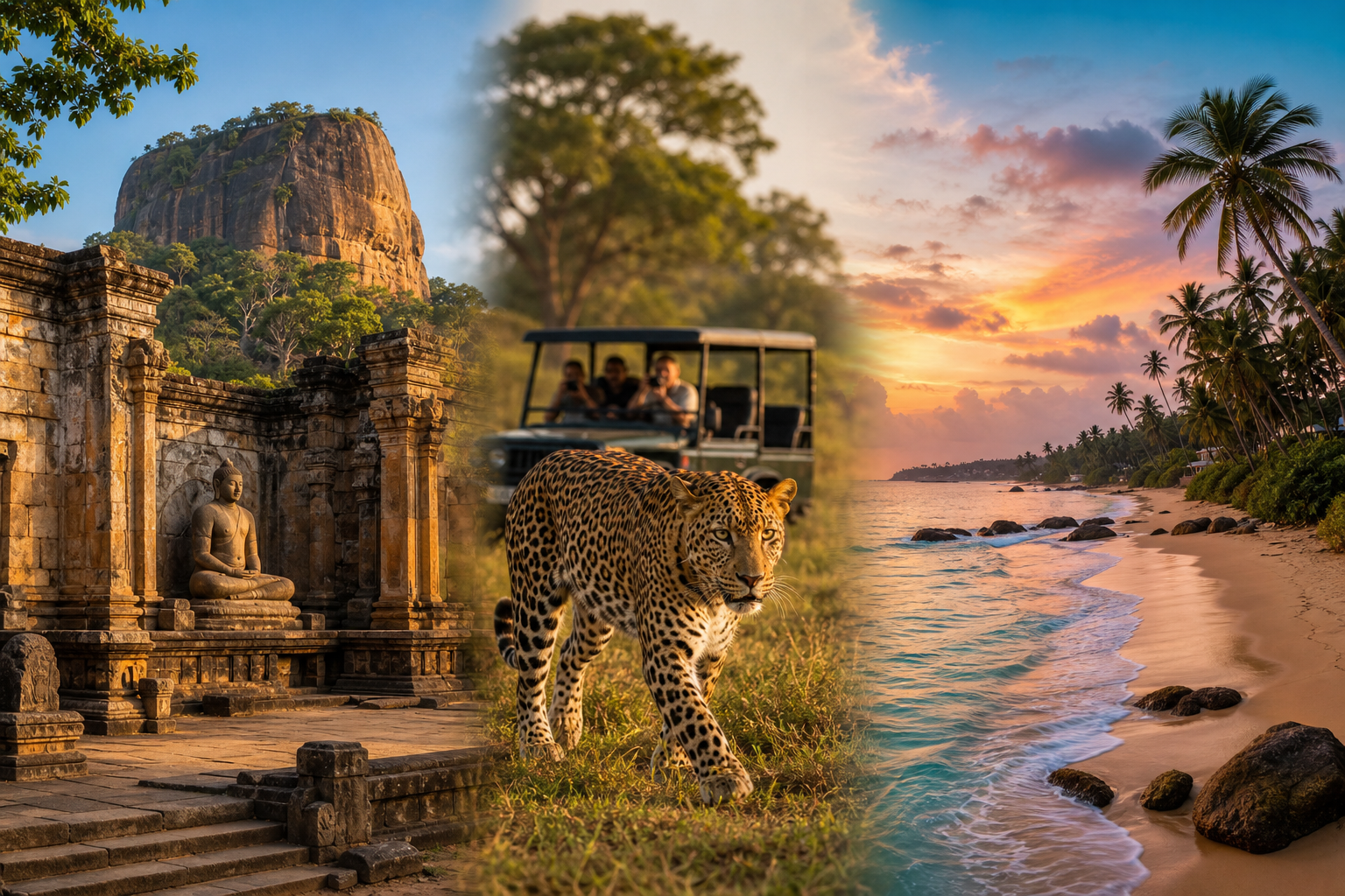 Leopard in Yala with tropical shoreline and ancient temple motifs representing a mixed itinerary