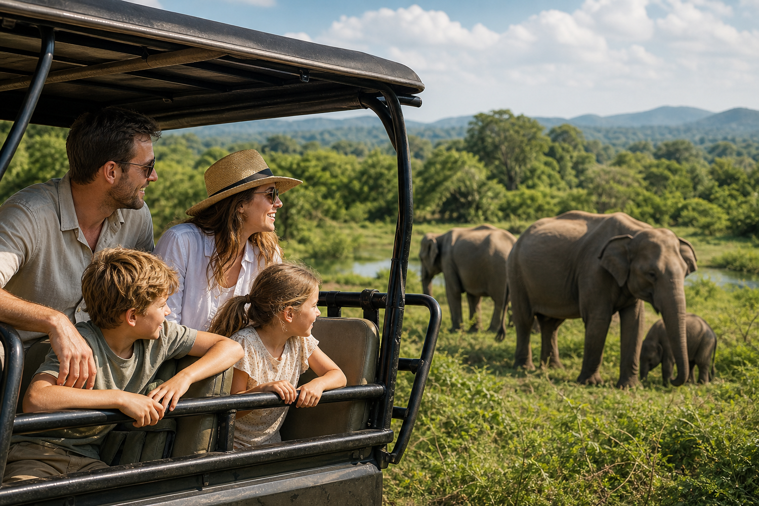 Family-friendly safari jeep and gentle river kayaking scene in tropical Sri Lanka