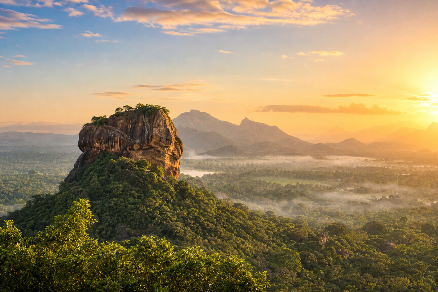 Sigiriya rock fortress at sunrise with lush greenery for a classic highlights itinerary