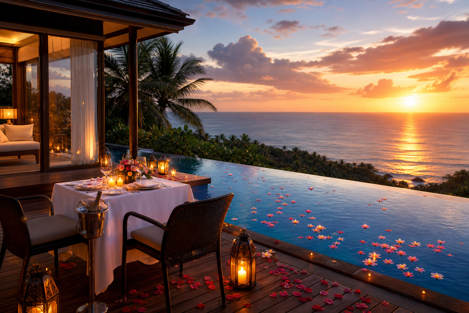 Private infinity pool villa with flower decor and ocean sunset for a luxury honeymoon journey